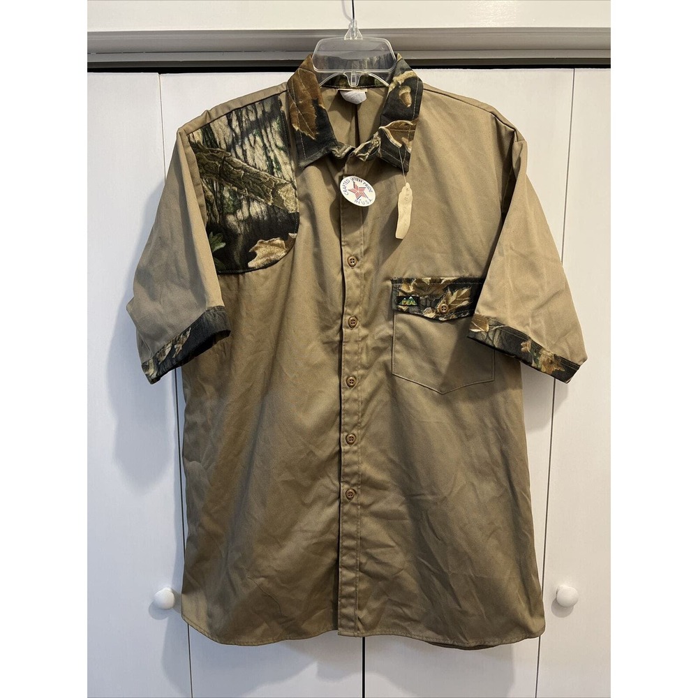 VTG Ideal Men L Khaki Camo Trim, Short Sleeve Canvas Hunting/Shooting Shirt NEW!
